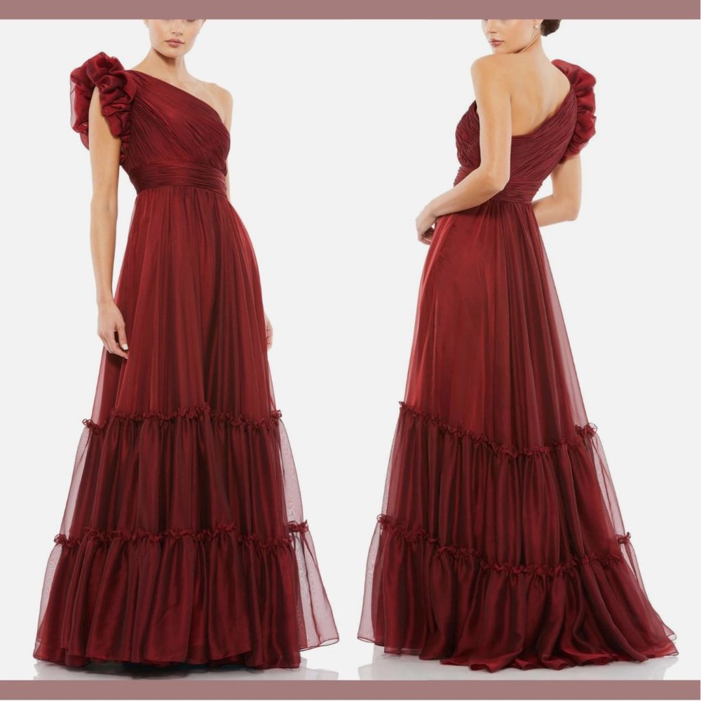 NWT $498 Mac Duggal [ 6 ] Ruffle One Shoulder‎ Chiffon A-Line Gown Red Wine